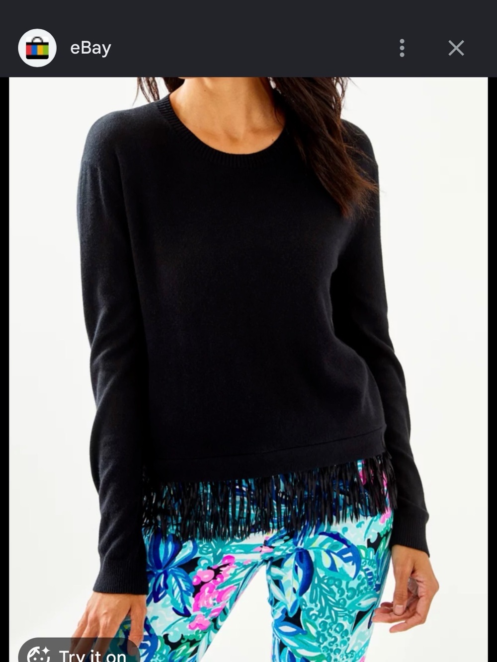 Lilly Pulitzer Black Crewneck Sweater with Fringe Trim